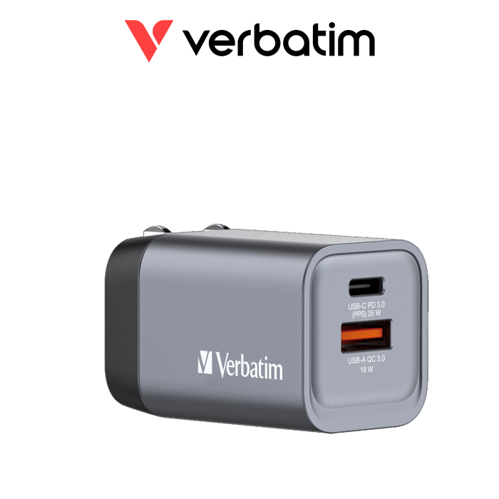 Verbatim 35W 2-Port GaN Wall Charger ( 1 x USB-C® PD 35W / 1 x USB-A QC 3.0 (EU/UK/US)